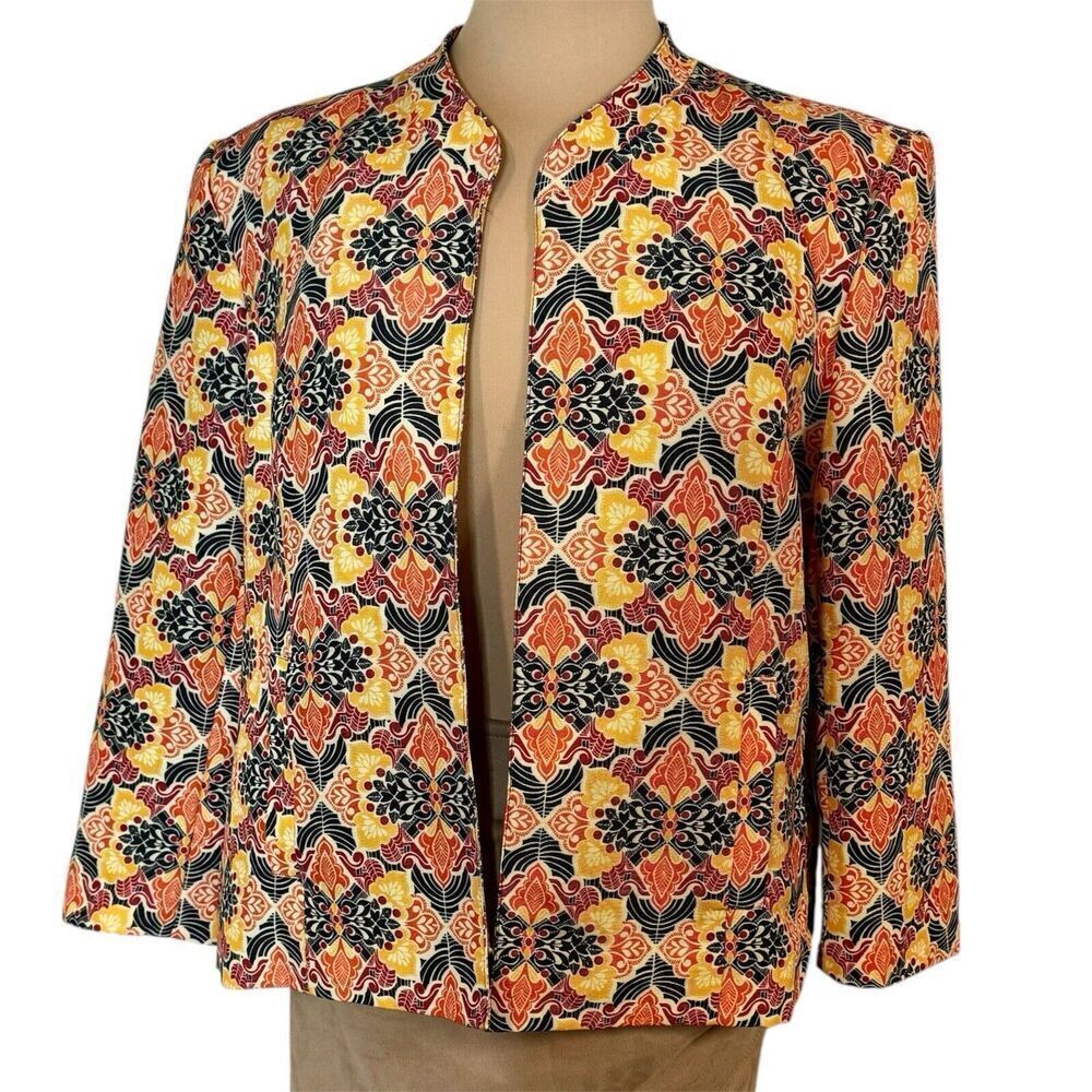 Sz L  Lavender + Honey Open Jacket Blazer Medallion Orange Red Yellow Retro Fun